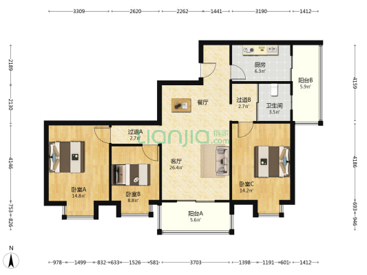 紫颐大厦 3室1厅1卫 116平方