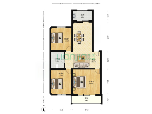 沙河镇踩河新村 3室1厅1卫 115平方