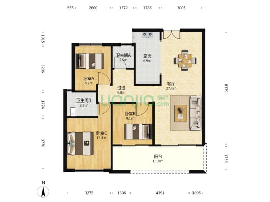 广润福园 3室1厅2卫 115平方