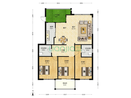 傲江景城 3室1厅2卫 132平方