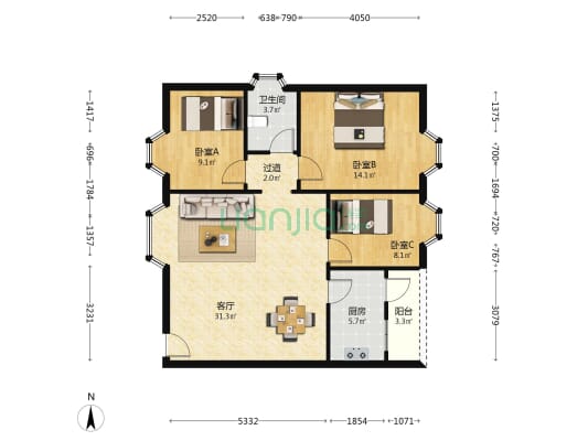 馨庭苑二期 3室1厅1卫 87平方
