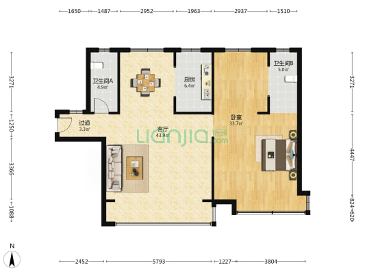 城投春风杨柳 1室1厅2卫 128平方