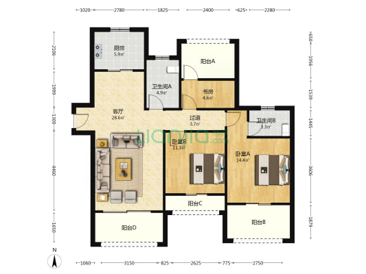 蓝瓴雅苑 3室1厅2卫 123平方