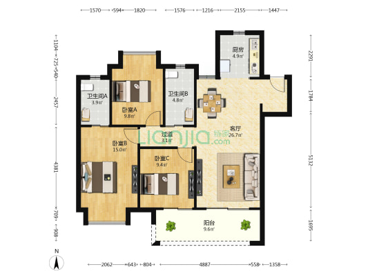 金科世茂绿都观澜府 3室1厅2卫 106平方