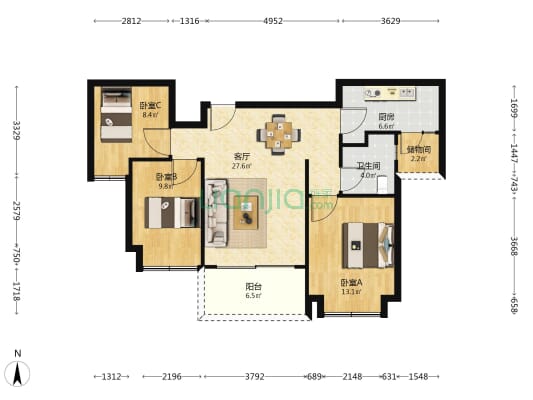 恒大揽湖苑 3室1厅1卫 100平方