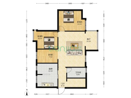 川大与文里 3室1厅1卫 99平方