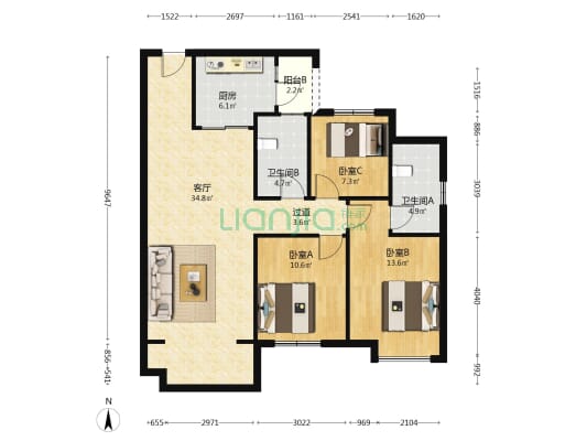 美的置业广场 3室1厅2卫 118平方