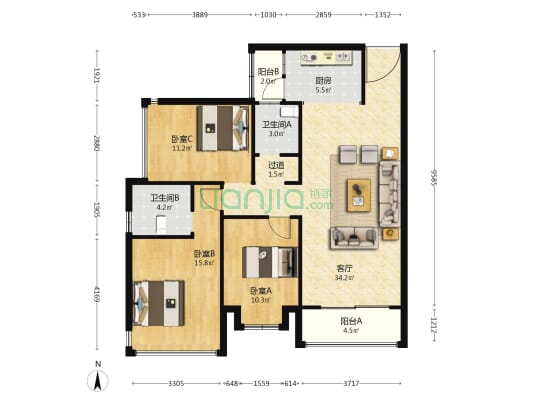 中天吾乡 3室1厅2卫 117平方
