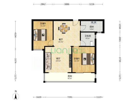 盛邦九号院 2室2厅1卫 102平方