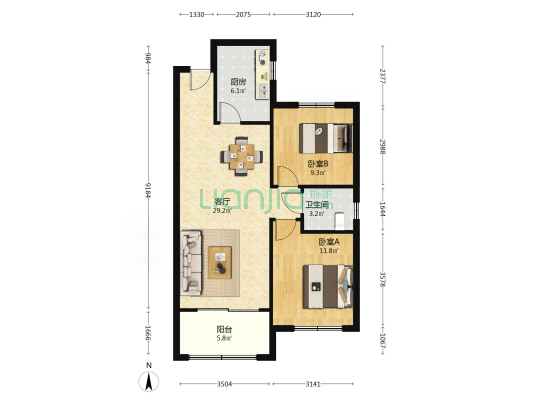 明湖四季 2室1厅1卫 100平方