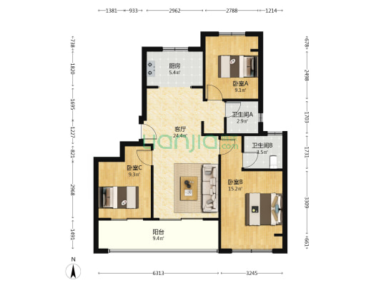 太湖澄光 3室1厅2卫 95平方