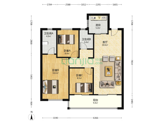 天创坦达月湖云庄 3室1厅2卫 108平方