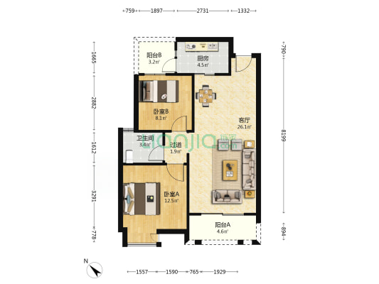 柏林春江 2室1厅1卫 77平方