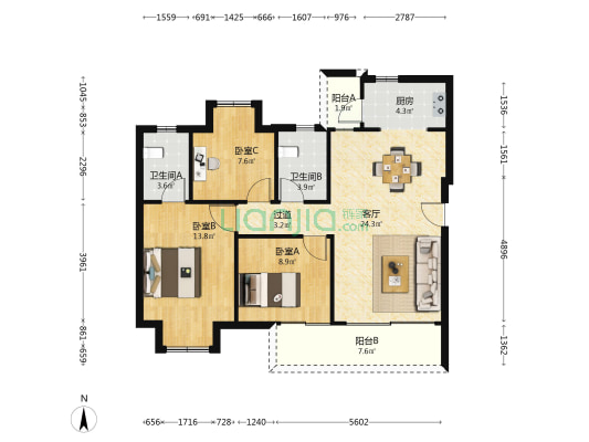 鼎仁天越 3室1厅2卫 96平方