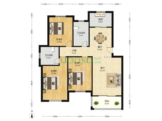 名门春天品苑 3室2厅2卫 128平方