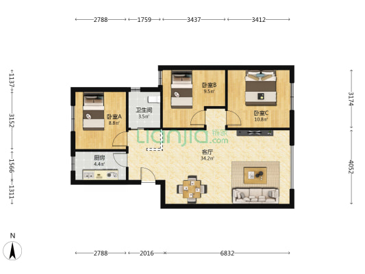 皇经苑 3室1厅1卫 88平方