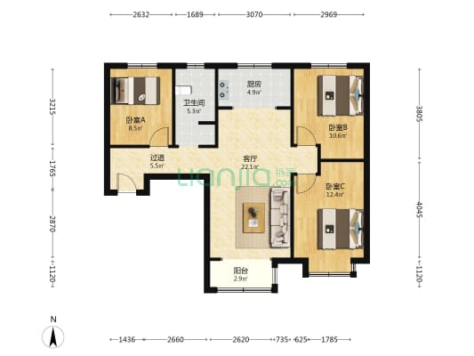 金域蓝湾 3室1厅1卫 108平方