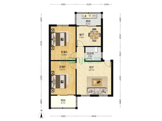 二里岗街28号院 2室2厅1卫 86平方