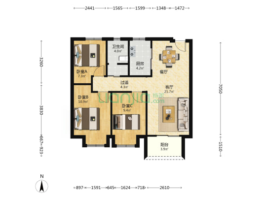 保利明玥晨光 3室1厅1卫 90平方