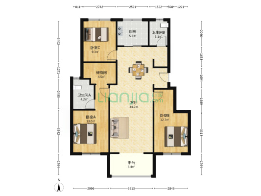 武汉国际社区B4地块 3室1厅2卫 112平方