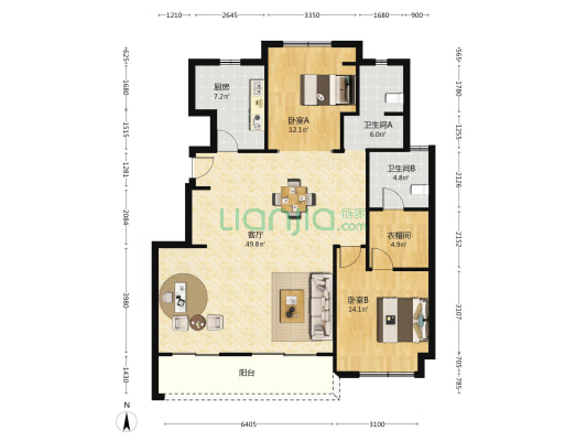 瑞德城央壹号 2室1厅2卫 125平方