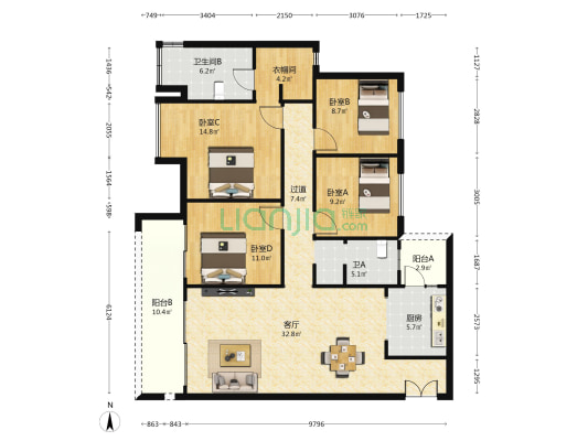 华侨城溪山集A区 4室1厅2卫 150平方