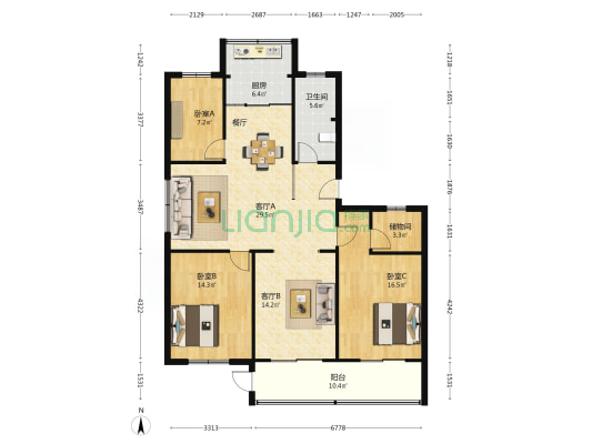 丽都嘉园 3室2厅1卫 131平方