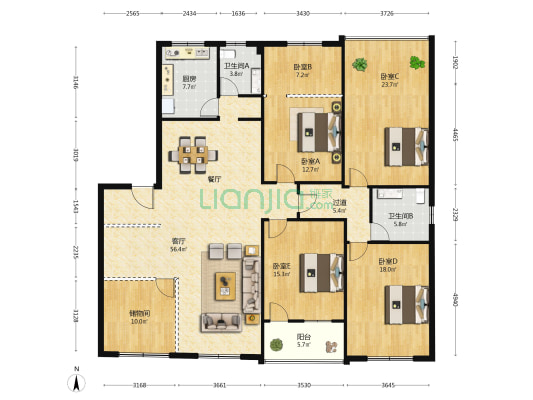 正成花园 5室1厅2卫 206平方