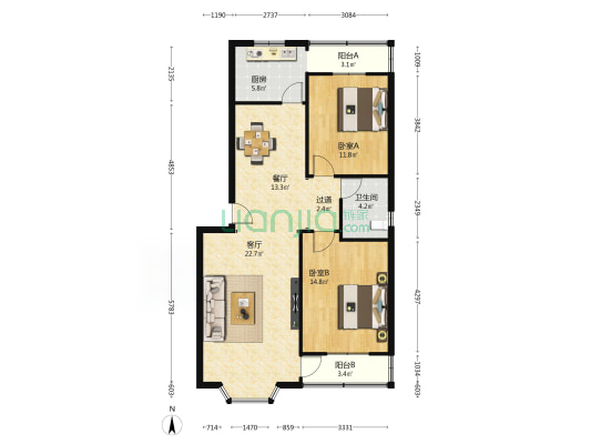 鸿祥二期 2室2厅1卫 100平方
