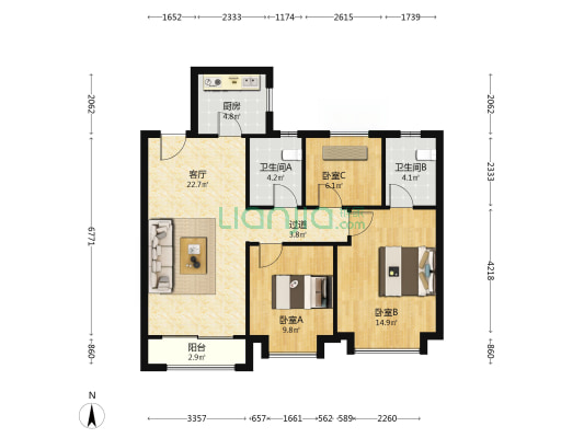 上实仰山 3室1厅2卫 108平方