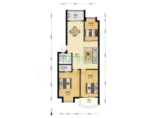 高湖花园 3室1厅2卫 88平方