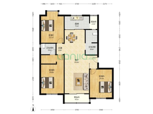 汇龙大厦 3室1厅2卫 155平方