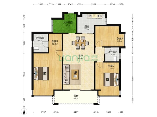 金瑞彩虹湾 3室1厅2卫 129平方