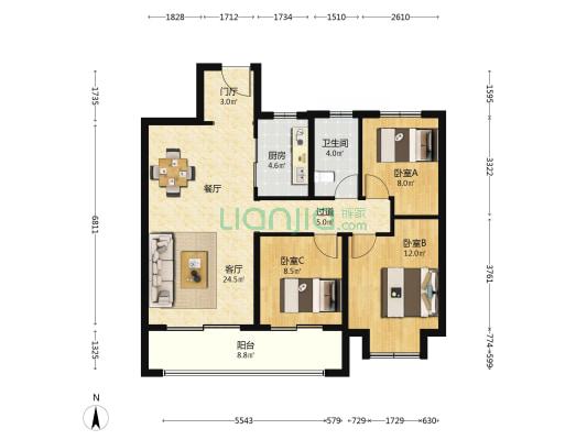 海尔翡翠文华A区 3室1厅1卫 105平方