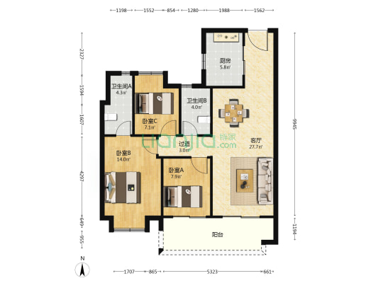 星光天地 3室1厅2卫 106平方