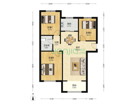 K2狮子城北区 3室1厅 南-户型图