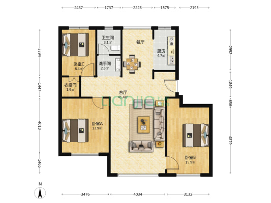 海天花园 3室1厅2卫 117平方