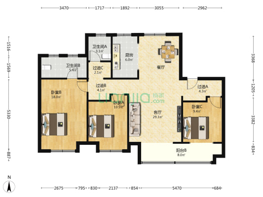 世茂金洲府 3室1厅2卫 135平方
