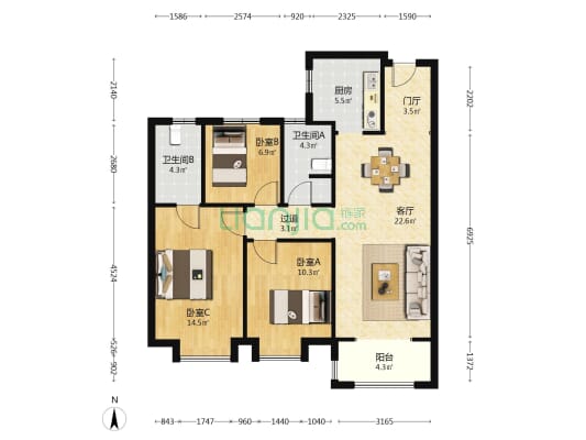 万科紫院 3室1厅2卫 114平方