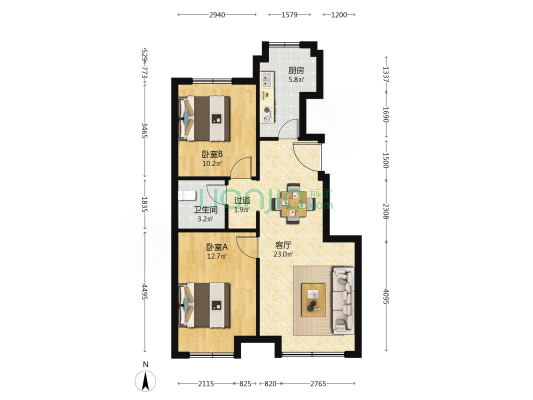 樾府国际 精装两居 南北通透  全天采光 随时看房-户型图