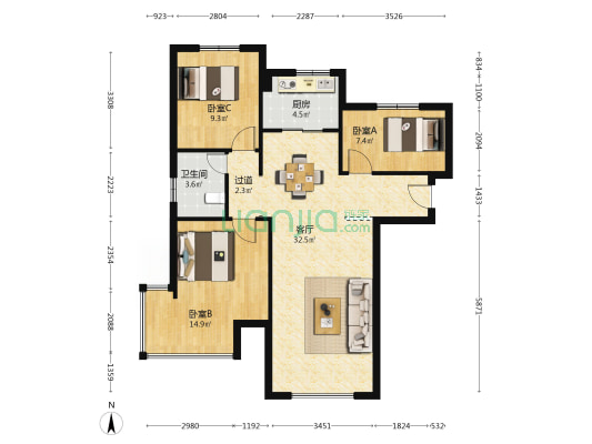 边户三居 明厨明卫 精装 拎包入住 中高楼层-户型图