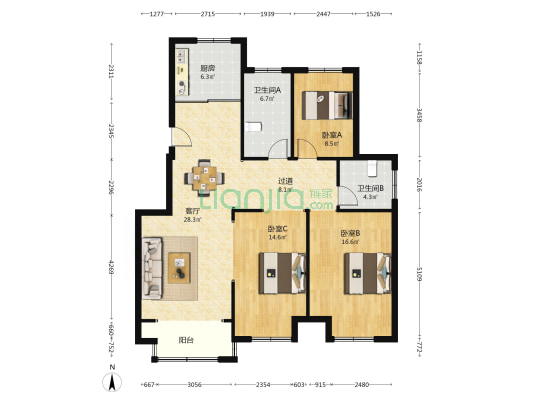 李巷花苑 3室1厅2卫 129平方