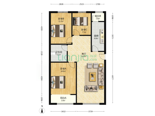 涿州孔雀城悦澜湾 3室2厅 南 北-户型图