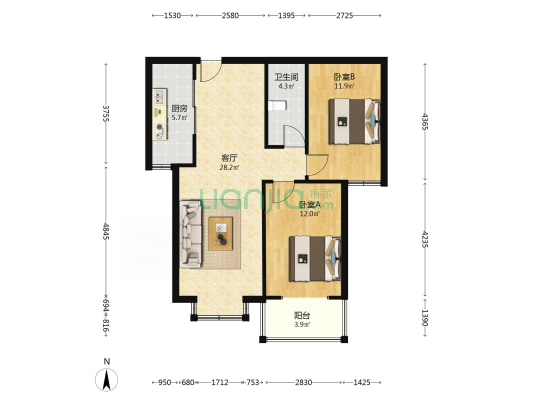 水岸花城96平精装两居46万 带家具电 拎包住-户型图