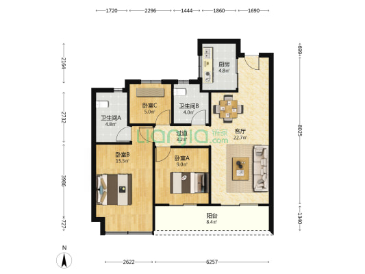 棠源美宸 3室1厅2卫 98平方