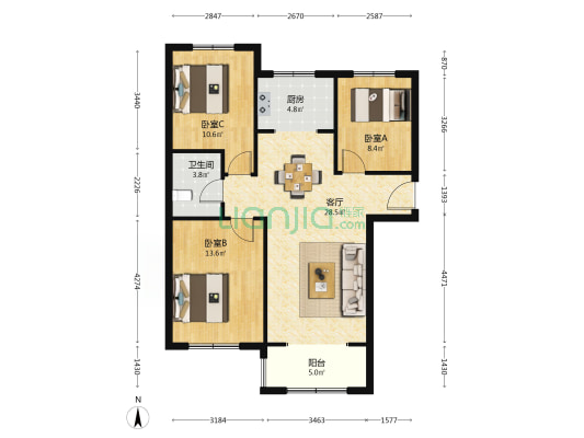 牛津花园 视野开阔三居室 带独立防火门 房本满二-户型图