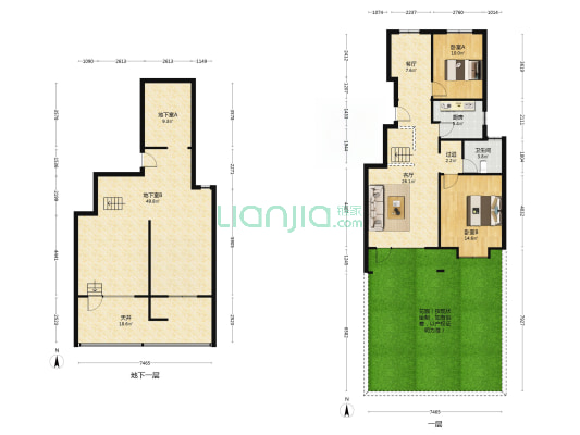 一层下跃带花园下沉式院子地下室-户型图