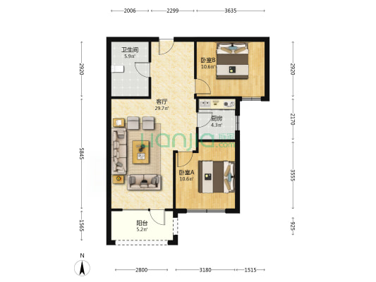 全南两居室，采光好，西丁，双塔-户型图