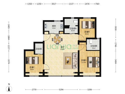金隅昆泰云筑 3室1厅3卫 124平方