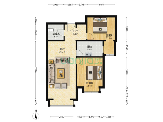 南向两居 全天采光 中上楼层 毛坯随意装修-户型图